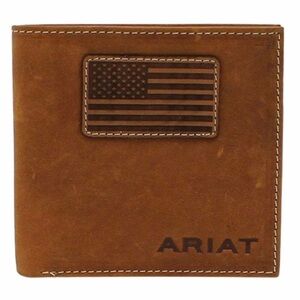 A3548544 Ariat Men's Brown Bifold Flag Patch Logo Leather Wallet NEW Made India